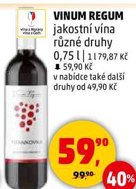 VINUM REGUM jakostní vína druhy různé, 0,75 l