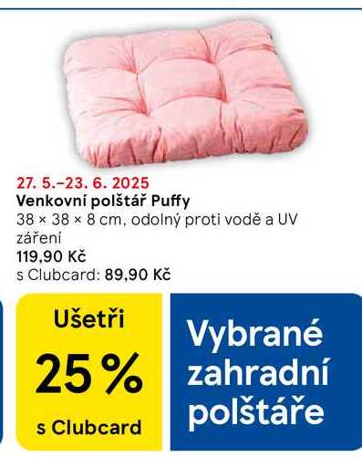 Venkovní polštář Puffy, 38 x 38 x 8 cm, odolný proti vodě a UV záření  
