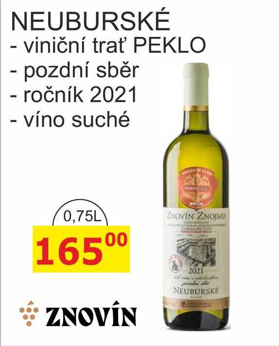 NEUBURSKÉ - viniční trať PEKLO, pozdní sběr, ročník 2021 - víno suché 0,75L