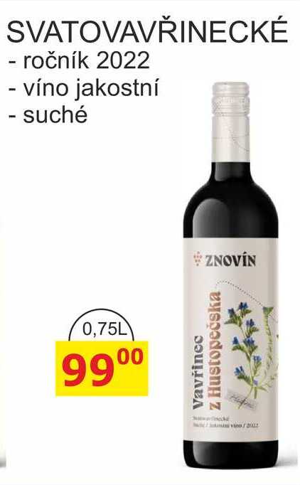 ZNOVÍN SVATOVAVŘINECKÉ - ročník 2022 - víno jakostní - suché 0,75L 
