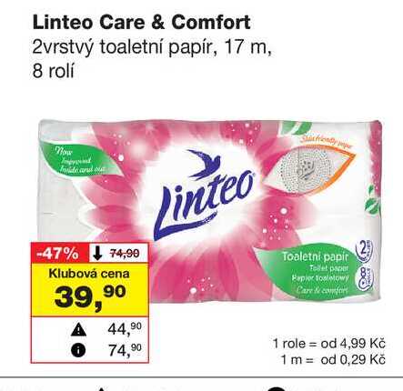 Linteo Care & Comfort 2vrstvý toaletní papír, 17 m, 8 rolí 