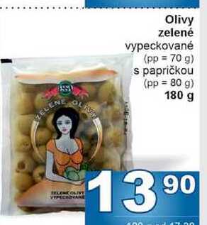 Olivy zelené vypeckované (pp = 70 g) s papričkou (pp = 80 g) 180 g