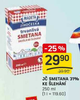 JČ SMETANA 31% KE ŠLEHÁNÍ 250 ml  v akci
