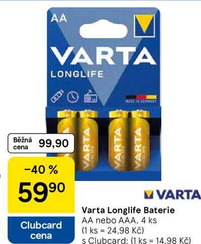 Varta Longlife Baterie AA nebo AAA, 4 ks