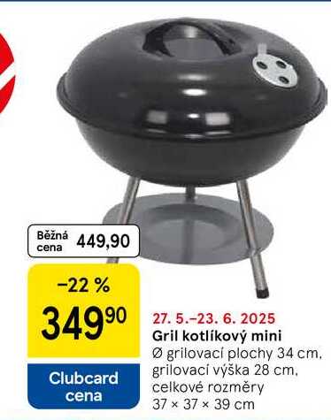 Gril kotlíkový mini, průměr grilovací plochy 34 cm. grilovací výška 28 cm. celkové rozměry 37 x 37 x 39 cm 