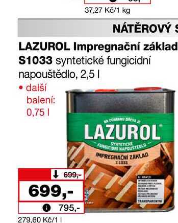 LAZUROL Impregnační základ S1033 syntetické fungicidní napouštědlo, 2,5l