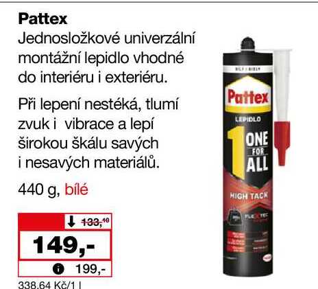 Pattex Jednosložkové univerzální montážní lepidlo vhodné do interiéru i exteriéru. Při lepení nestéká, tlumí zvuk i vibrace a lepí širokou škálu savých i nesavých materiálů. 440 g, bílé  