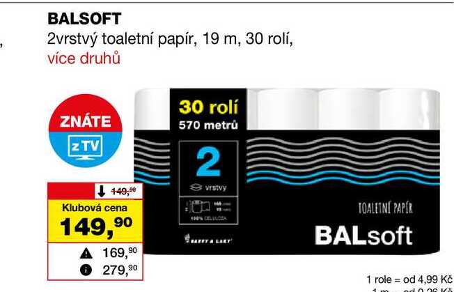 BALSOFT 2vrstvý toaletní papír, 19 m, 30 rolí