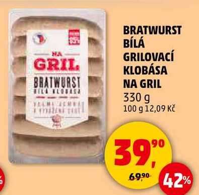 BRATWURST BÍLÁ GRILOVACÍ KLOBÁSA NA GRIL, 330 g 