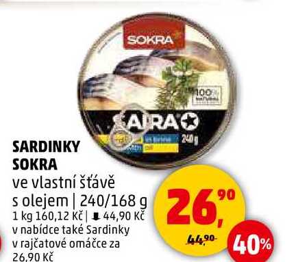 SARDINKY SOKRA ve vlastní šťávě s olejem, 240/168 g