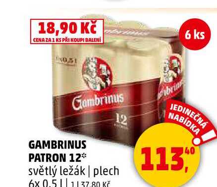 GAMBRINUS PATRON 12 světlý ležák plech, 6 x 0,5 l 