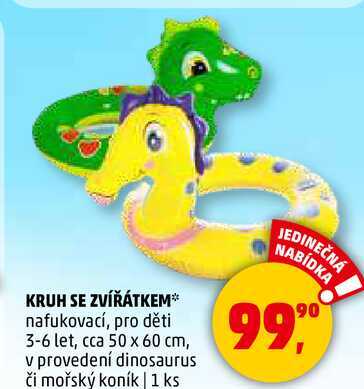 KRUH SE ZVÍŘÁTKEM nafukovací, pro děti 3-6 let, cca 50 x 60 cm, v provedení dinosaurus či mořský koník, 1 ks