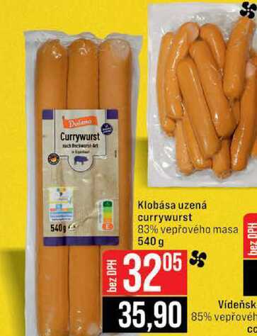 Klobása uzená currywurst 83% vepřového masa 540 g