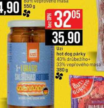 Uzi hot dog párky 40% drůbežího+ 33% vepřového masa 380 g