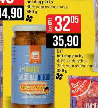 Uzi hot dog párky 40% drůbežího+ 33% vepřového masa 380 g
