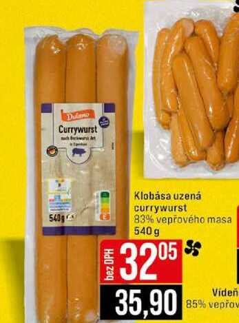 Klobása uzená currywurst 83% vepřového masa 540 g 