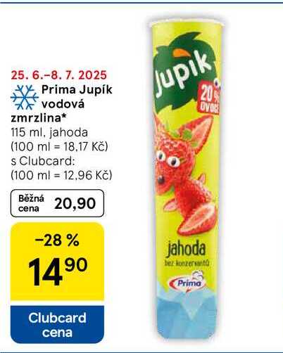 Prima Jupík vodová zmrzlina, 115 ml, jahoda  