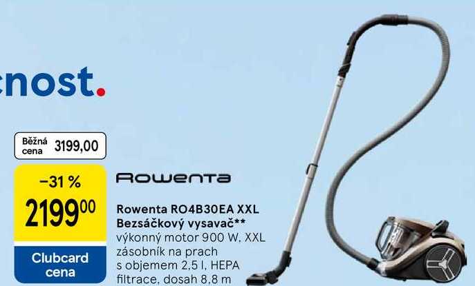 Rowenta RO4B30EA XXL Bezsáčkový vysavač, výkonný motor 900 W, XXL zásobník na prach s objemem 2,5 I, HEPA filtrace, dosah 8.8 m  