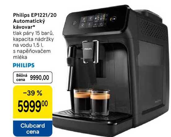 Philips EP1221/20 Automatický kávovar, tlak páry 15 barů. kapacita nádržky na vodu 1,5 l, s napěňovačem mléka 