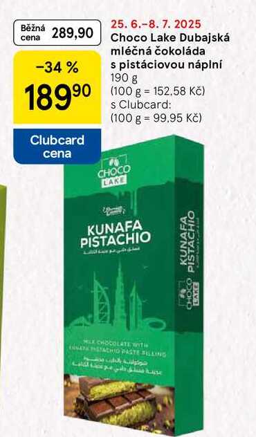 Choco Lake Dubajská mléčná čokoláda s pistáciovou náplní, 190 g