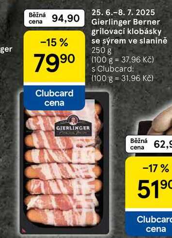 Gierlinger Berner grilovací klobásky se sýrem ve slanině, 250 g 