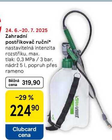 Zahradní postřikovač ruční, nastavitelná intenzita rozstřiku, max. tlak: 0.3 MPa/3 bar, nádrž 5 l