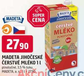 MADETA JIHOČESKÉ ČERSTVÉ MLÉKO 1l plnotučné, 3,5% tuku