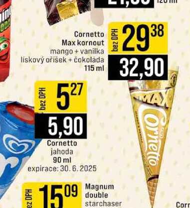 Cornetto Max kornout mango + vanilka liskový oříšek + čokoláda 115 ml 