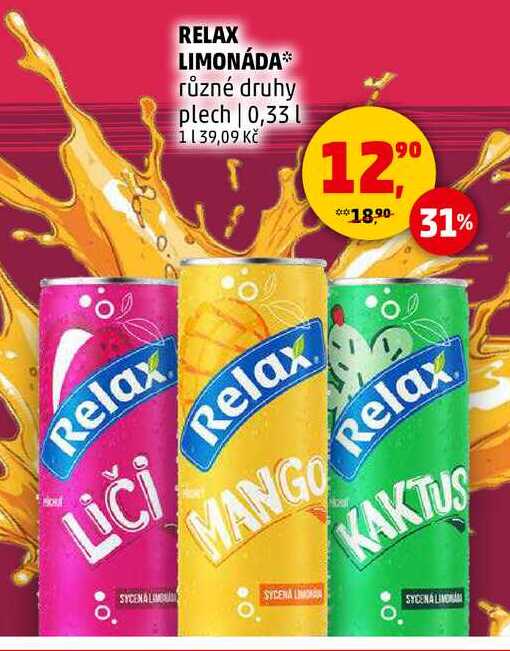 RELAX LIMONÁDA různé druhy plech, 0,33 l