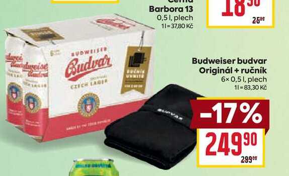 Budweiser budvar Originál + ručník 6x 0,51, plech