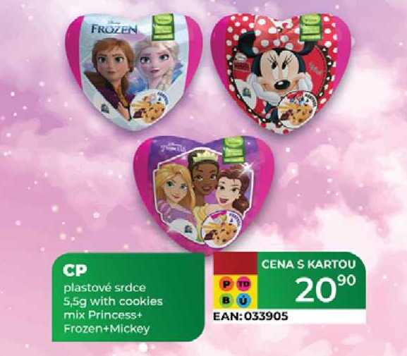 CP plastové srdce 5,5g with cookies mix Princess+ Frozen+Mickey 