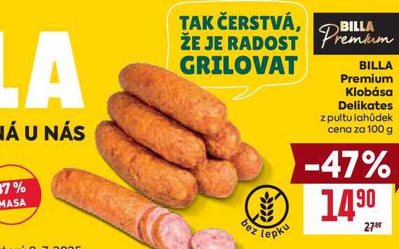 BILLA Premium Klobása Delikates z pultu lahůdek cena za 100g