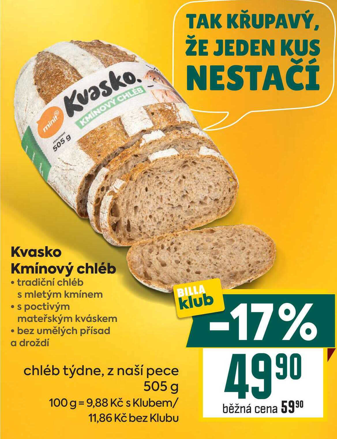 Kvasko Kmínový chléb tradiční chléb s mletým kmínem s poctivým mateřským kváskem bez umělých přísad a droždí chléb týdne, z naší pece 505 g 
