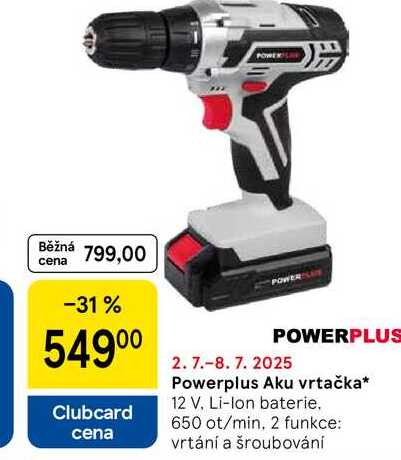Powerplus Aku vrtačka, 12 V. Li-Ion baterie, 650 ot/min, 2 funkce: vrtání a šroubování 