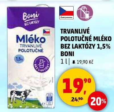 TRVANLIVÉ POLOTUČNÉ MLÉKO BEZ LAKTÓZY 1,5% BONI, 1 l 