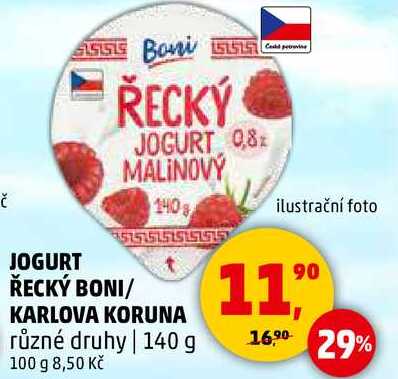 JOGURT ŘECKÝ BONI/ KARLOVA KORUNA různé druhy, 140 g 