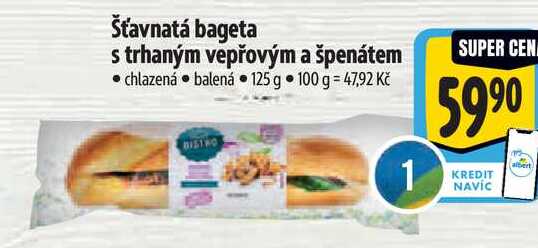 Šťavnatá bageta s trhaným vepřovým a špenátem, 125 g