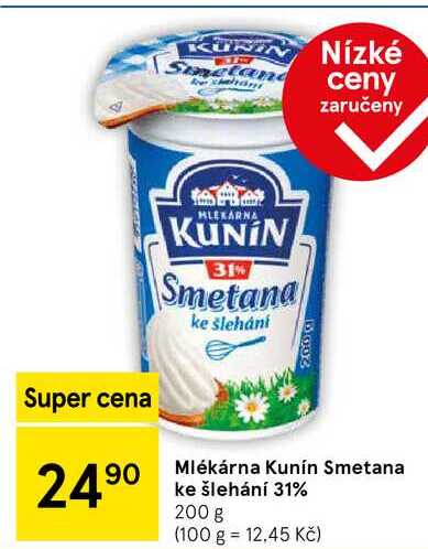 Mlékárna Kunín Smetana ke šlehání 31%, 200 g 