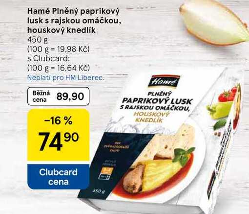 Hamé Plněný paprikový lusks rajskou omáčkou, houskový knedlík, 450 g 
