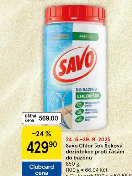 Savo Chlor šok Šoková dezinfekce proti řasám do bazénu,  850 g
