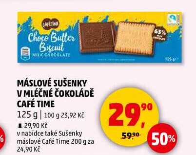 MÁSLOVÉ SUŠENKY V MLÉČNÉ ČOKOLÁDĚ CAFÉ TIME, 125 g 