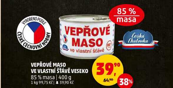 VEPŘOVÉ MASO VE VLASTNÍ ŠŤÁVĚ VESEKO 85% masa, 400 g