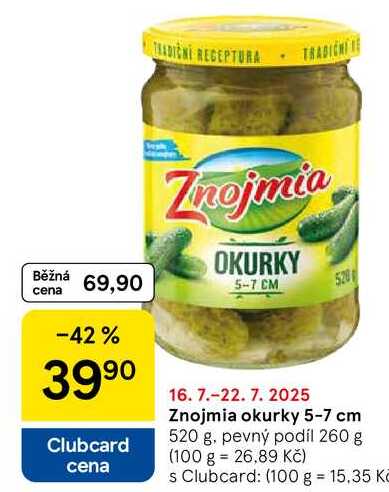 Znojmia okurky 5-7 cm, 520 g, pevný podíl 260 g  