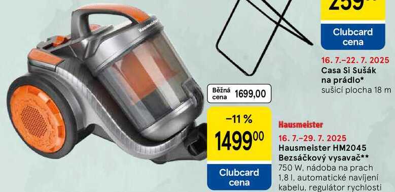 Hausmeister HM2045 Bezsáčkový vysavač, 750 W. nádoba na prach 1.8 1. automatické navíjení kabelu, regulátor rychlosti 