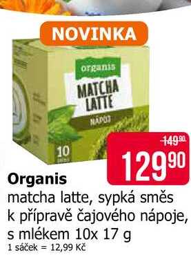 Organis matcha latte, sypká směs k přípravě čajového nápoje, s mlékem 10x 17 g 