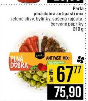 Perla plná dobra antipasti mix zelené olivy, bylinky, sušená rajčata. červené papriky 210 g