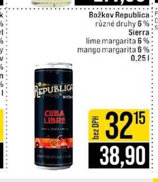 Božkov Republica různé druhy 6% Sierra lime margarita 6% mango margarita 6% 0,25l
