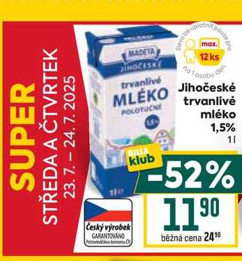 Jihočeské trvanlivé mléko 1,5% 1l