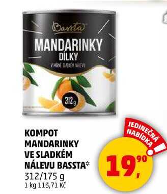 KOMPOT MANDARINKY VE SLADKÉM NÁLEVU BASSTA, 312/175 g 
