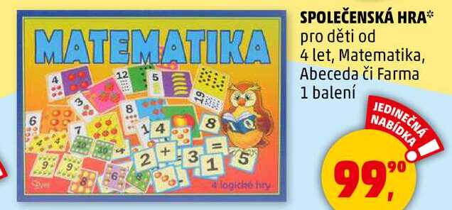 SPOLEČENSKÁ HRA pro děti od 4 let, Matematika, Abeceda či Farma, 1 balení 